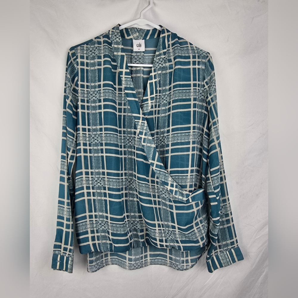 CAbi Windowpane Wrap Blouse Plaid Surplice Wrap Sheer Chiffon sz Small